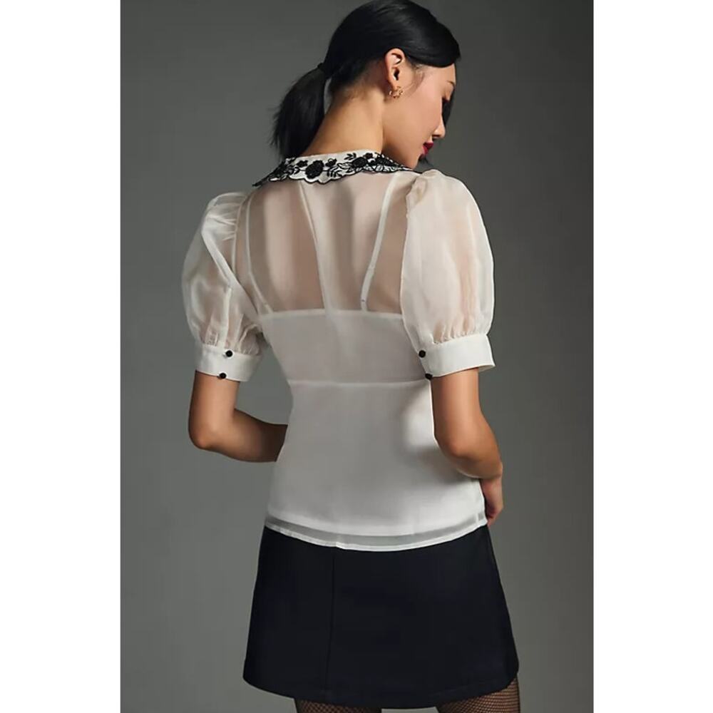 Anthropologie Maeve Sheer Puff Sleeve Blouse White Size 10 - Picture 2 of 10